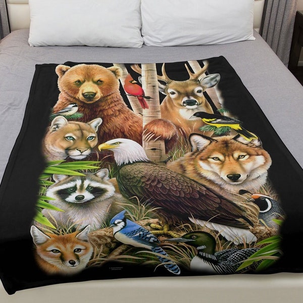 Wildlife Blanket, 50" x 60" A Magic North America Fleece Throw, Domestic, American Animals, Eagles, Wall Hanging, Home Décor, Fabric Poster
