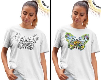Color Changing T-shirt, Butterfly Shaped Solar Tee, Sunlight Activated Shirt, Colors Appear In The Sun, UV Light, SolarTees