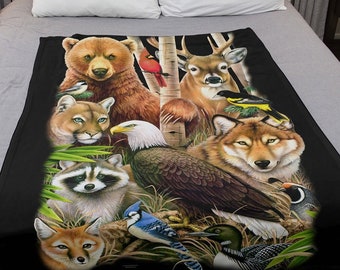 Wildlife Blanket, 50" x 60" A Magic North America Fleece Throw, Domestic, American Animals, Eagles, Wall Hanging, Home Décor, Fabric Poster