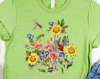 Springtime T-Shirt, Sunflowers & Hummers Tee