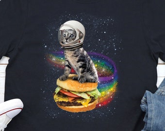 Astronaut Cat T-shirt, Space Cat Tee, Rainbow Burger Cat Shirt, Galaxy Cat, Funny Animal, Animals In Outer Space, Hamburger, Cheeseburger