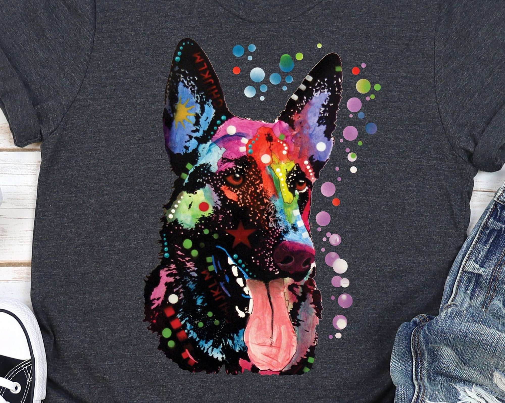 Discover German Shepherd T-shirt, Dog Breed Tee, Dean Russo Dogs Shirt, Neon, Colorful, Pets