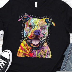 Pit Bull T-shirt, Neon Beware Of Pit Bulls Tee, Dog Breed Shirt, Dean Russo Art, They Will Steal Your Heart