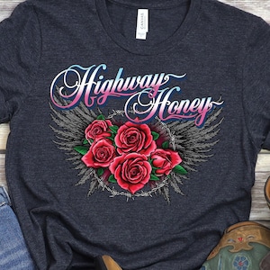 Biker Angel T-Shirt, Highway Honey Tee, Biker Women Shirt, Angel Wings, Roses, Motorcycle Chicks, Live Free