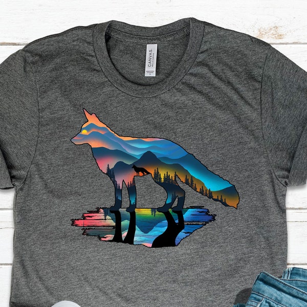 Fox T-shirt, Mountain Fox T-shirt, Kleurrijke Kunst, Bos, Bossen, Het Buitenhemd, Wildlife, Natuur, Wandelen, Kamperen