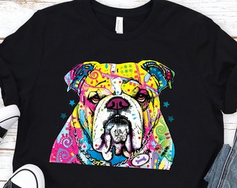 Bulldog T-shirt, Dog Breed Neon Tee, Dean Russo Art Shirt, Colorful Bulldogs