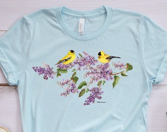 Floral Spring T-shirt, Gold Finches And Flowers Tee, Spring Has Sprung, Yellow Birds, Lilacs