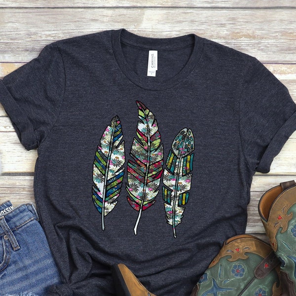 Feather T-Shirt, Floral Pattern Tee, Free Spirit, Freedom Feathers Shirt, Native American Indian Feathers, Women's fashion