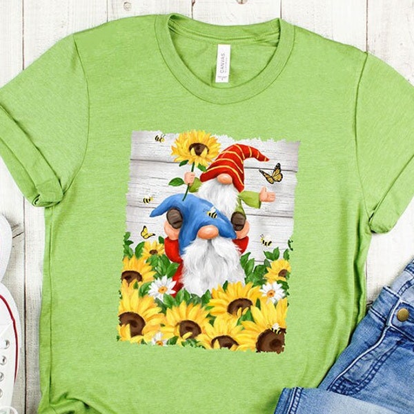 Gnome T-shirt, Gnomes With Sunflowers Tee Shirt, Fun, Gift, Sunflowers, Garden, Spring Flowers, Butterfly, Butterflies, Bumble Bees