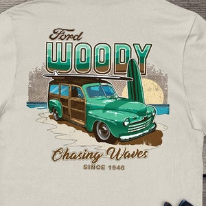 Ford Motor Company Tee, Officially Licensed 1946 Ford Woody T-Shirt, Ford Shirt, Automobile tshirt, Motors, Beach, Wagon, Chasing Waves