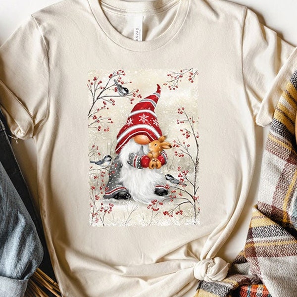 Gnomes T-shirt, Gnome Hugging Rabbit Tee, Winter, Holiday, Gnome Shirt, Snow, Christmas, Gift, Trees, Bunny
