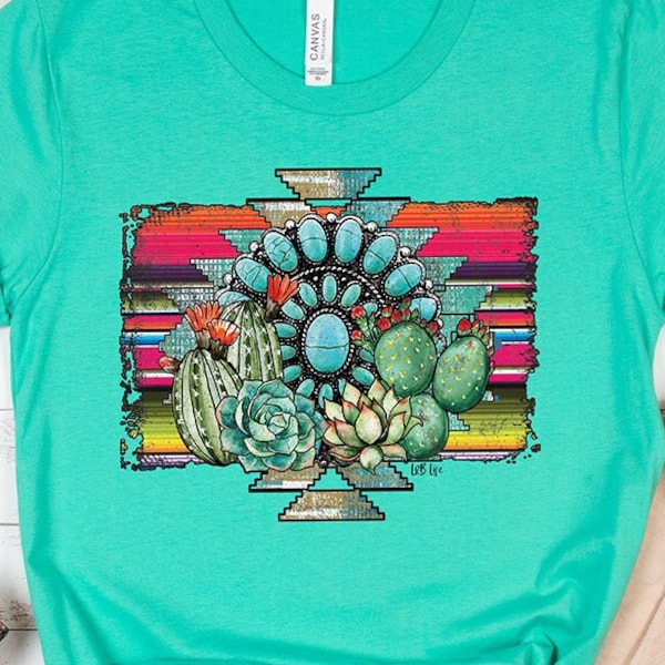 Aztec Cactus T-shirt, Southwestern Art Tee, Country Floral Art Shirt, Inspirational, Southwest, Turquoise, Tshirt