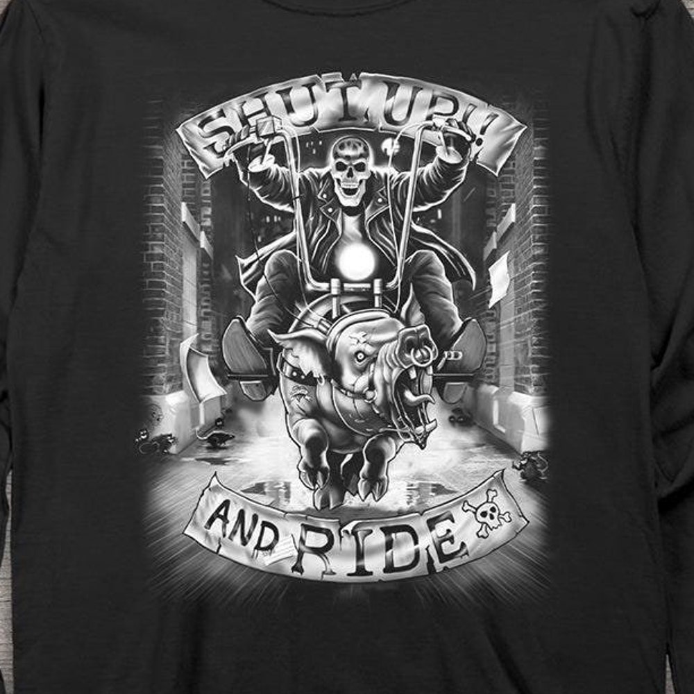Fantasy Long Sleeve, Shut Up And Ride Long Sleeve Tee, Skulls, Shut Up And Ride, Motorcycles, Bikers, Ride Motorcycles, Liquid Blue