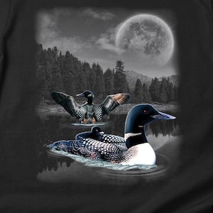 Loons T-Shirt, North American Ducks Wilderness Tee, Moonlight Wildlife Shirt