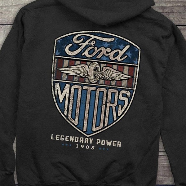 Ford Hoodie, Officially Licensed, Vintage Ford Motors Hooded Sweatshirt, Legendary Power, 1903, Tire Wings, Shield, Crest, Pullover