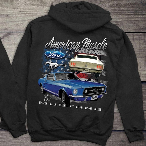 Ford Hoodie, Officially Licensed, American Muscle Mustang Hooded Sweatshirt,  Sports Car, Cars, Brand, 1967, Classic, Flag, Pullover 