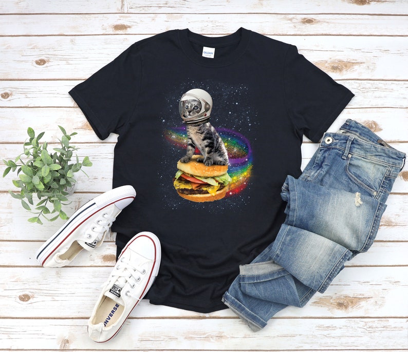 Astronaut Cat T-shirt, Space Cat Tee, Rainbow Burger Cat Shirt, Galaxy Cat, Funny Animal, Animals In Outer Space, Hamburger, Cheeseburger image 1