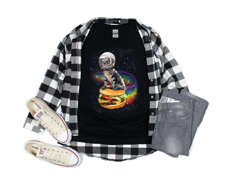 Astronaut Cat T-shirt, Space Cat Tee, Rainbow Burger Cat Shirt, Galaxy Cat, Funny Animal, Animals In Outer Space, Hamburger, Cheeseburger image 2