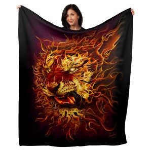 Fire Tiger 50&quot; x 60&quot; Soft Minky Blanket, Tom Wood Fantasy Art, Wildlife, Tigers, Flames, Throw, Wall Hanging, Home Decor, Wall Art