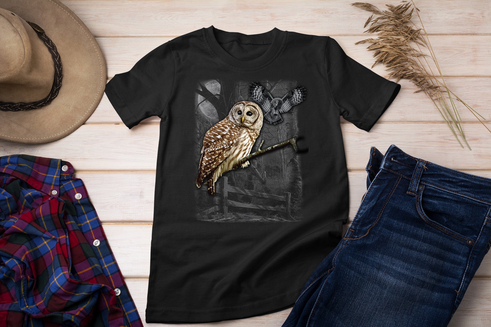 Owl T-Shirt, Owl Wilderness Tee, Moonlight Forest Shirt, Owls, Wildlife, Birds, Wings