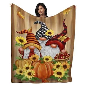 Fall Gnome Blanket, Three Seasonal Gnomes Throw, 50" x 60" Plush Minky Blanket, Sunflowers, Apples, Pumpkins, Wall Hanging, Mythological