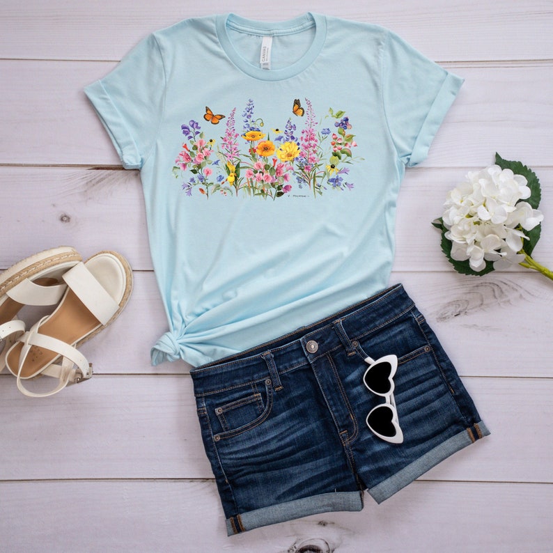 Flowers T-shirt Butterflies Tee Springtime Wildflower image 0