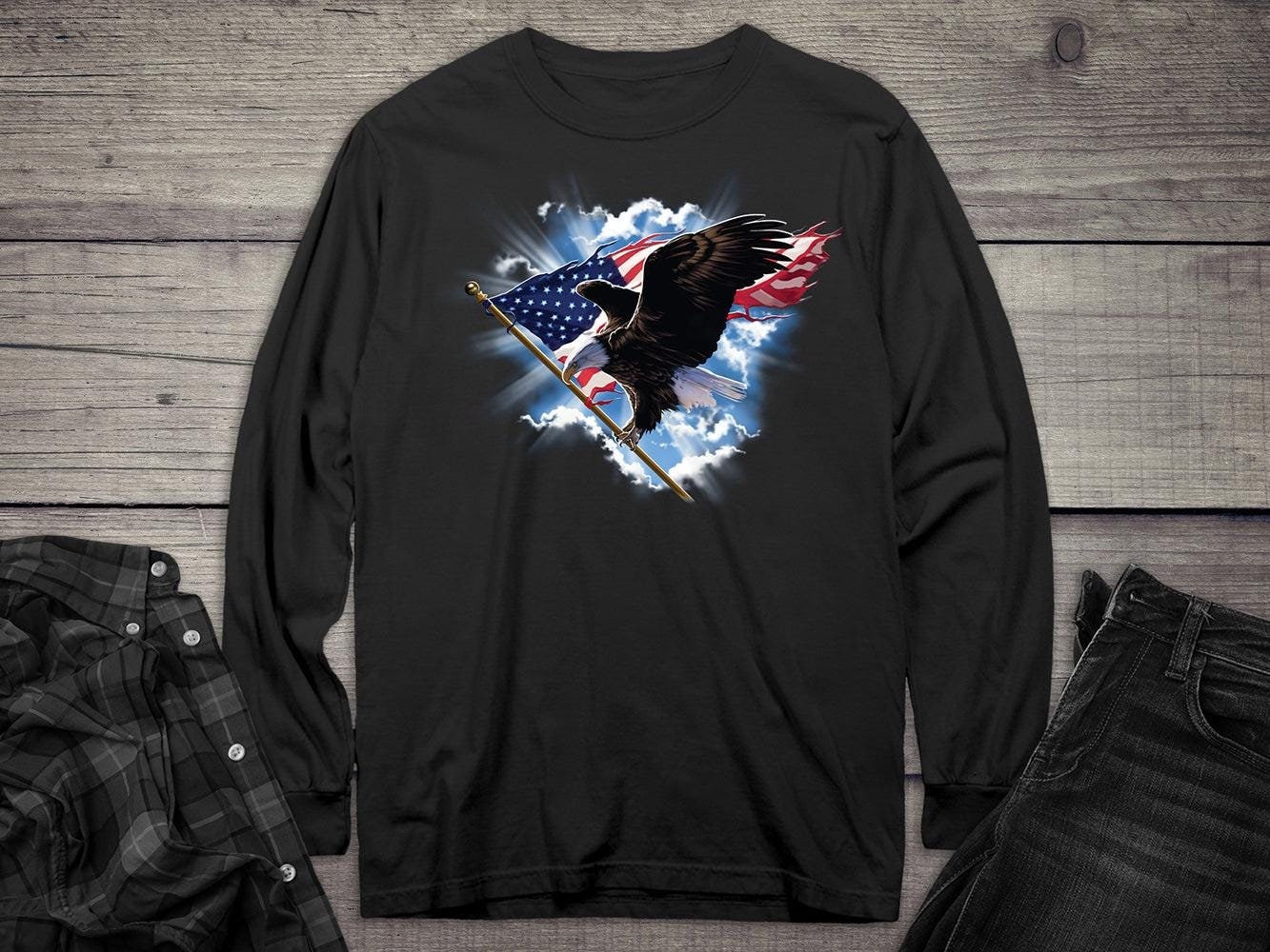Eagle Long Sleeve Shirt, Patriotic Flying Eagle Long Sleeve Tee, American Flag, Eagle Holding American Flag, American Pride, Wildlife, image size:1333x1000