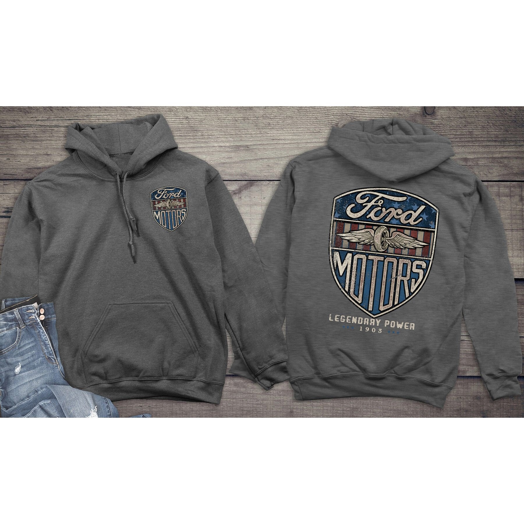 Ford Hoodie Officially Licensed Vintage Ford Motors Hooded Sweatshirt Legendary Power 1903 Tire Wings Shield Crest Pullover Etsy