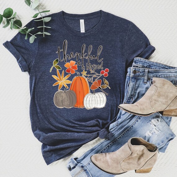 Thankful Pumpkin Graphic T-Shirt For Women - Funny Fall Thanksgiving Tee, Short Sleeve, Brown (Large)