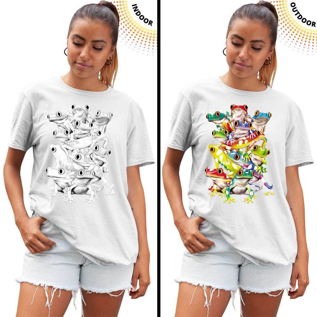 UV Light T-shirt, Fun Sun Activated Tee, Frogs Stacked Balancing Act Color Changing Shirt 