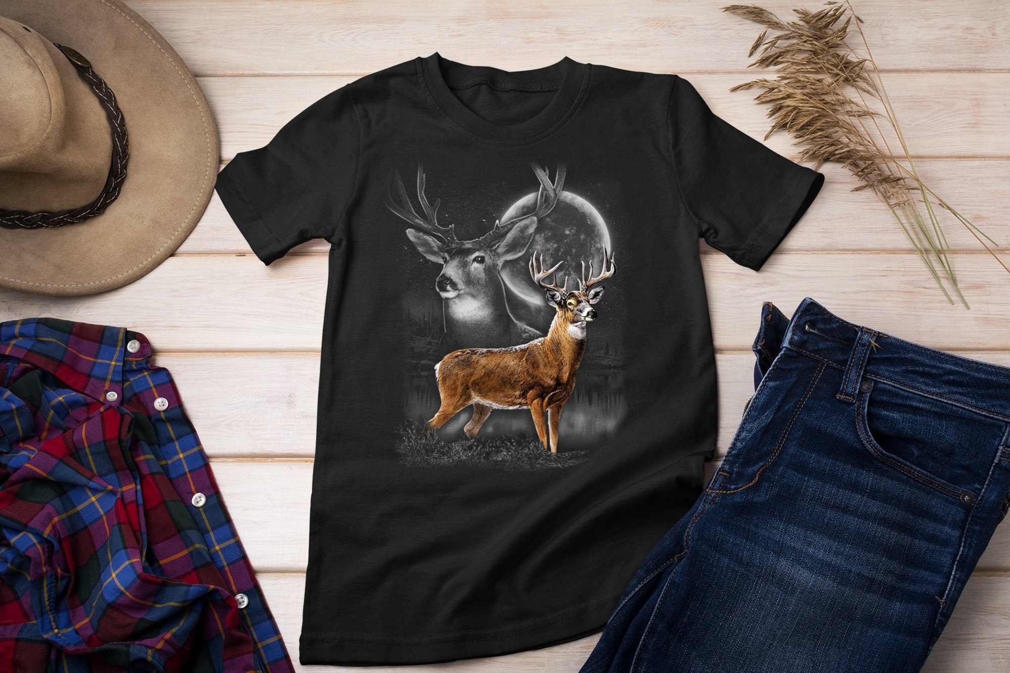 Discover Deer T-Shirt, North American Buck Wilderness Tee, Moonlight Wildlife Shirt