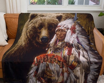 Southwest Blanket, My Brother Grizzly 50" x 60" Native American Decorative Throw, Fleece, Wall Hanging, Home Décor, Fabric Poster, Wall Art