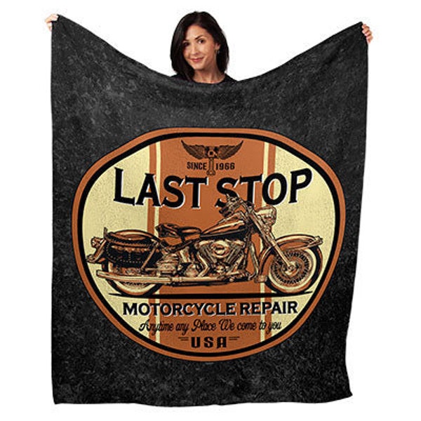 Last Stop Motorcycle Repair Soft Plush 50" x 60" Minky Blanket, Steve McDonald Art Throw, Biker, Man Cave, Wall Decor, Fabric Poster