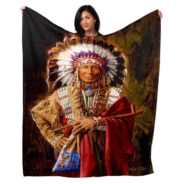 Indian Chief Of The Rosebud Soft Plush 50" x 60" Minky Blanket, Throw, Southwest, Native, Headdress, Home Decor, Wall Hanging, Fabric Poster