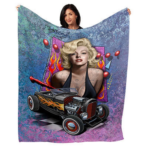 Hot Rod Marilyn Soft Plush 50" x 60" Minky Blanket, Steve McDonald Art Throw, Icon, Retro, Nostalgia, Cars, Man Cave, Wall Art Fabric Poster