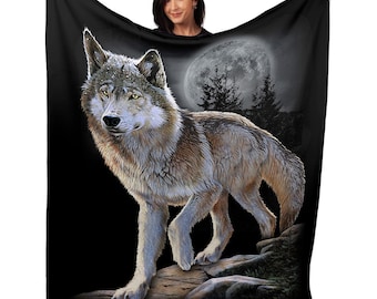 Wolf Alert 50" x 60" Soft Minky Blanket, Wildlife Throw, Outdoors, Woods, Wolves, Home Decor, Moon, Wall Hanging