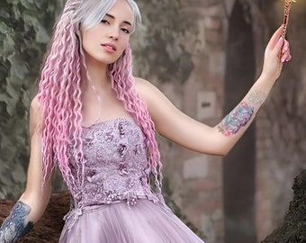 Double ended curly dreads, Ombre Beige to Pink DE dreadlocks extension, Synthetic Wavy dreadlock, Full set of Boho Pink dreads extensions