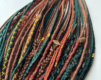 Mix of Brown Green and Ginger dreadlocks and braids, DE or SE dreads extension, Double or Single ended Synthetic Viking dreadlock extensions