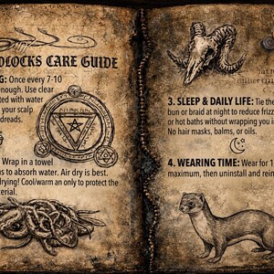 May include: An open, weathered book titled DREADLOCKS CARE GUIDE with aged, stained pages. It features black ink illustrations of a ram skull, a geometric symbol, a pile of dreadlocks, and a weasel, alongside instructions for washing, drying, and maintenance.