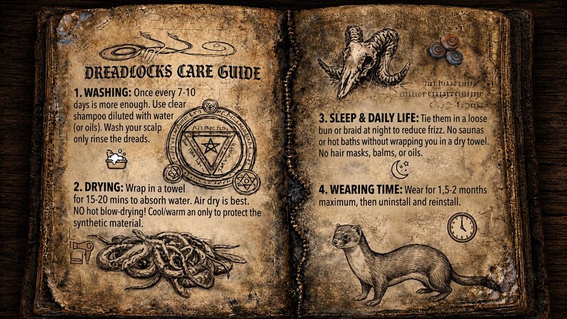 May include: An open, weathered book titled DREADLOCKS CARE GUIDE with aged, stained pages. It features black ink illustrations of a ram skull, a geometric symbol, a pile of dreadlocks, and a weasel, alongside instructions for washing, drying, and maintenance.