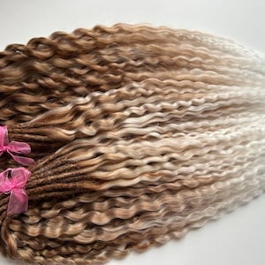 Ombre Boho Brown to White Dreads, Synthetic Curly dreadlocks extensions, Double and Single ended boho dreadlock, DE SE Wavy dreads extension