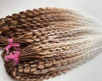 Ombre Boho Brown to White Dreads, Synthetic Curly dreadlocks extensions, Double and Single ended boho dreadlock, DE SE Wavy dreads extension