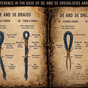 May include: An educational chart on an aged paper background illustrating the differences between DE (double-ended) and SE (single-ended) braids and dreadlocks. It includes diagrams with labels for mounting loops, braiding bases, and 7-9 mm thickness.