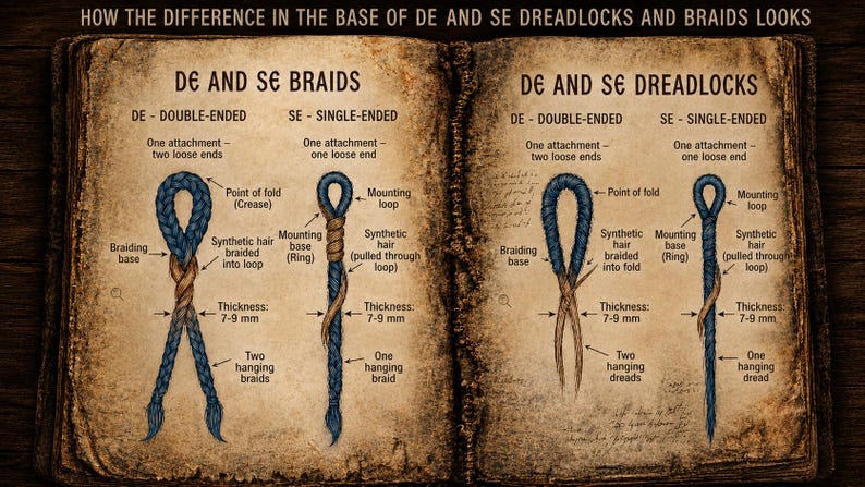 May include: An educational chart on an aged paper background illustrating the differences between DE (double-ended) and SE (single-ended) braids and dreadlocks. It includes diagrams with labels for mounting loops, braiding bases, and 7-9 mm thickness.