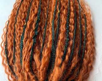 Ombre Boho Ginger Dreads, Synthetic Curly dreadlocks extensions, Double and Single ended wavy dreadlock extension, DE SE green hair braids