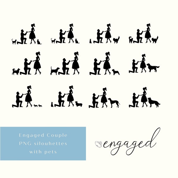 Couple and cat art | Couple and dog art | PNG SVG download | Engaged Proposal Couple Silhouette | Engagement Gift for Couple & cat or dog