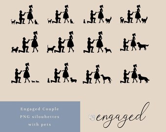 Engaged Couple Silhouette with Pets | Proposal PNG SVG (Digital Download)