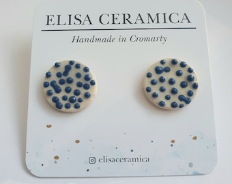 Dark blue white abstract ceramic earrings, sterling silver stud jewellery, floral delft cobalt dainty studs, Art Lover Gift