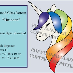 Stained Glass Pattern Easy Unicorn "Unicorn Bust", window hangings, for beginner, digital PDF, instant download