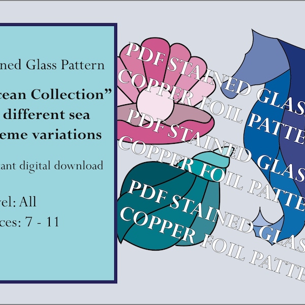 Stained Glass Pattern Easy Seahorse shell "Ocean Collection", Sea Horse template, for beginner, digital PDF, instant download